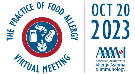 A circle of text with "The Practice of Food Allergy Virtual Meeting" and an image of a milk bottle, shrimp, peanut and wheat grain