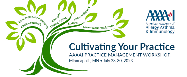 Image of a tree with the AAAAI logo and text that says "Cultivating Your Practice: AAAAI Practice Management Workshop"