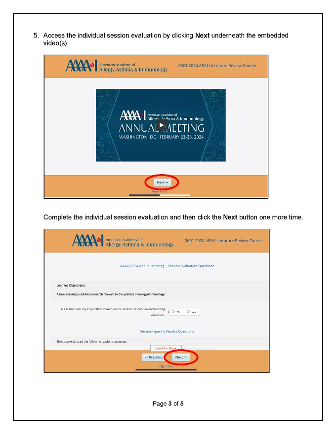 Image of page 3 of instructions for claiming credit: click the Next button underneath the video recording to access the session evaluation; complete it and click the Next button again. 