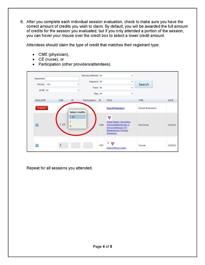 Image of page 4 of instructions for claiming credit: select full or partial credit for the session by selecting the credit box; then, repeat for all other sessions attended. 