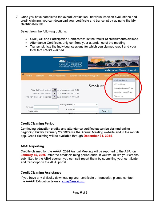 Image of page 5 of instructions for claiming credit: To download a certificate or transcript, go to My Certificates in the top menu