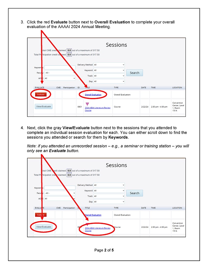 Image of page 2 of instructions for claiming credit: Click Evaluate next to Overall Evaluation and complete; then, click View/Evaluate next to the sessions you attended 